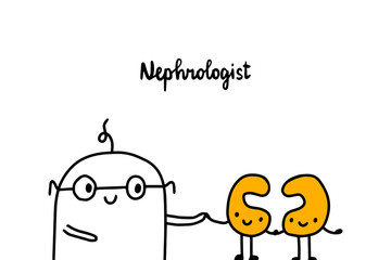 Nephrologist hand drawn vector illustration. Cartoon doctor with kidneys