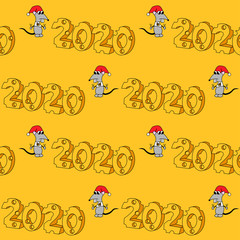 2020 in cheese shape with hungry character. Year of the rat . Seamless vector pattern