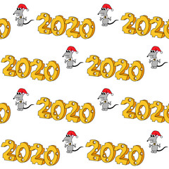 Fototapeta premium 2020 in cheese shape with hungry character. Year of the rat . Seamless pattern
