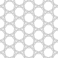 Gray complicated hexagons on white, geometric seamless pattern