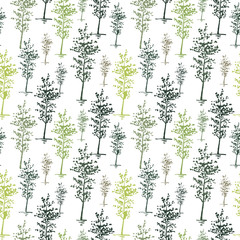 Trees sketch background. Hand painted green trees on the white background.  Seamless wallpaper.