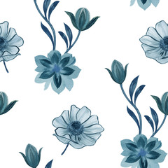 Seamless watercolor flowers pattern. Hand painted flowers on a white background. Flowers for design. Ornament flowers. Seamless botanical watercolor exotic floral pattern.
