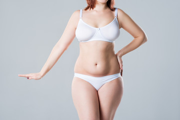 Obraz premium Woman with fat flabby belly, overweight female body on gray background