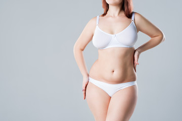 Fototapeta na wymiar Woman with fat flabby belly, overweight female body on gray background