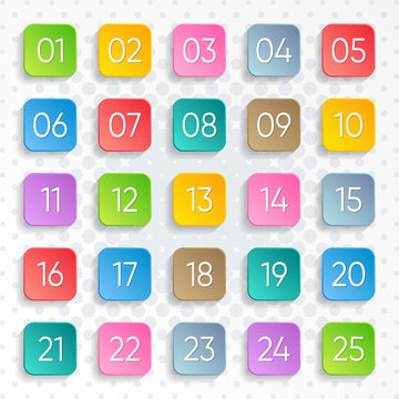 Twenty five colorful vector numbers rounded square design