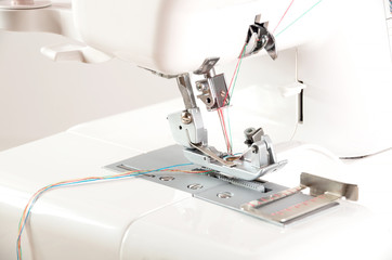 Presser foot overlock sewing machine with needle and thread