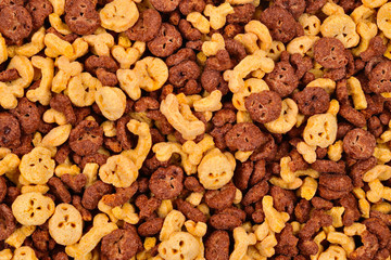  Chocolate flakes in the form of skulls and bones background. Top view.