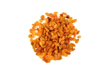 Golden raisins isolated on white background.