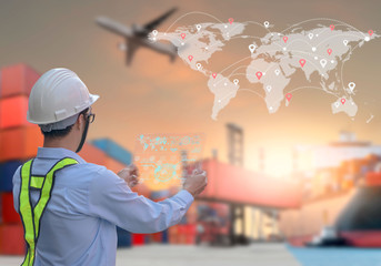 Smart technology with global logistics partnership and transportation of Container Cargo ship and Cargo plane, import export background, Online goods orders worldwide Internet of Things concept