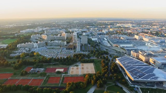 Aerial view of Munich Olympic village and tennis couts from Olympiaturm (Olympic Tower) in Munich, Germany