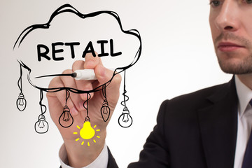 Business, technology, internet and networking concept. Young entrepreneur showing keyword: Retail