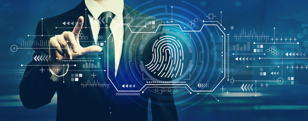 Fingerprint scanning theme with businessman on a dark blue background