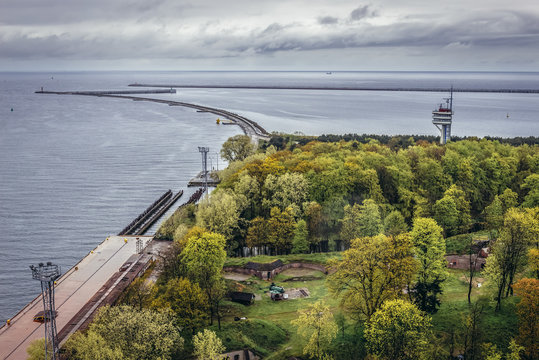 Aerial view on the port entrance in Swinoujscie coastal city, Poland