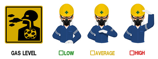 Set of industrial worker with respirator is gesturing hand sign ( Low,Average,High)