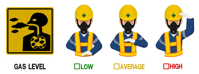 Set of industrial worker with respirator is gesturing hand sign ( Low,Average,High)