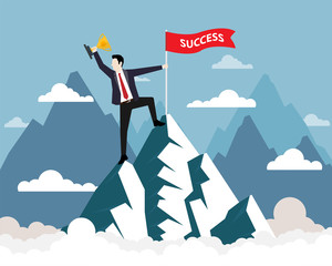 Businessman and Success flag on top of the mountain