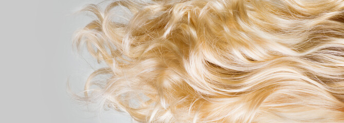 Hair. Beautiful healthy long curly blond hair closeup texture. Dyed wavy blonde hair background. Coloring concept. Haircare