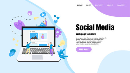 Web template with Social media concept with photo content, like and comment. Vector flat illustration