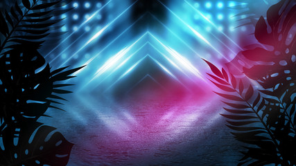 Background of empty dark scenes with neon lights and shapes, smoke. Silhouettes of tropical palm leaves in the foreground. Bright futuristic abstract background