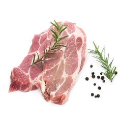 resh raw pork neck meat pepper and rosemary isolated on white