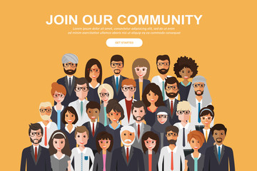 Join our community. Crowd of united people as a business or creative community standing together. Flat concept vector website template and landing page design for invitation to summit or conference