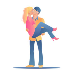 A young man holds a woman in his arms. Loving couples tenderly embrace. The guy and the girl together on a white background. Pastel gradients, flat style, vector illustration on white background