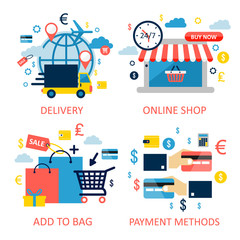 Online shoppingand e-commerce illustration. Flat design graphic elements, signs, symbols, bright icons set. Premium quality. Modern concept for web banners, websites, infographics, printed materials.