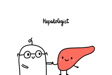 Hepatologist hand drawn vector illustration. Cartoon minimalism style. Doctor and liver