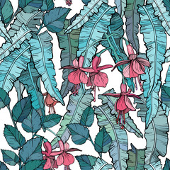 Seamless pattern with thickets of weaving plants, hand drawn design.