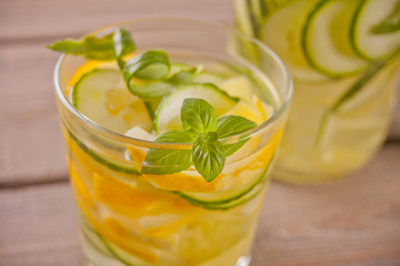 Refreshing summer drink with lemon, ginger, fresh cucumber and mint.