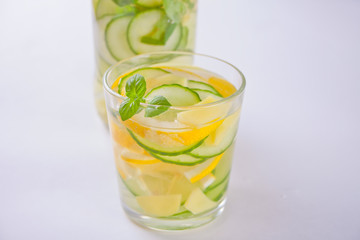 Refreshing summer drink with lemon, ginger, fresh cucumber and mint.