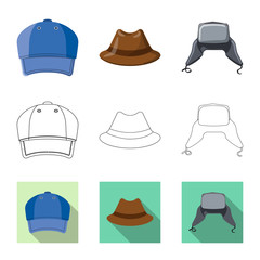 Vector design of headgear and cap symbol. Collection of headgear and accessory vector icon for stock.