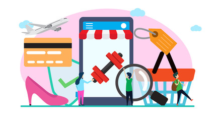 online shop creative illustration vector of graphic , small people business online shopping illustration vector , business online vector , vector flat illustration