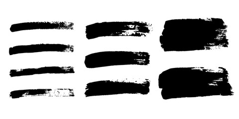 Brush strokes set, isolated white background. Black paint brush. Grunge texture stroke line. Art ink dirty design. Border artistic shape, paintbrush element. Brushstroke graphic. Vector illustration