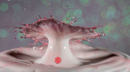 Red drop falling into white liquid, causing amazing unique ripples. Droplet photography, vivid...