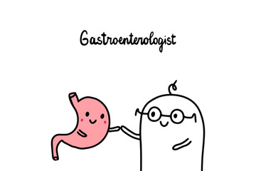 Gastroentorologist hand drawn vector illustration. Men doctor and organ