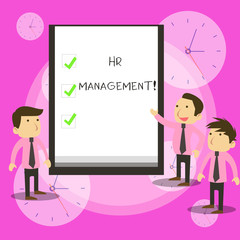 Conceptual hand writing showing Hr Management. Concept meaning strategic approach to the effective analysisagement of showing Business Colleagues Discuss Missions Presentation Whiteboard Ticks