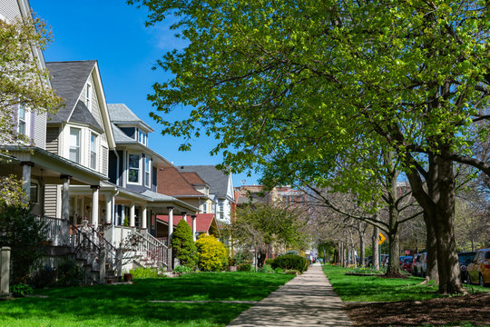 Row Of Old Wood Homes With Grass In The North Center Neighborhood Of Chicago