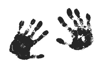 Hand print set isolated on white background. Black paint human hands. Silhouette child, kid, young people handprint. Stamp fingers and palm shape. Abstract design. Grunge texture. Vector illustration