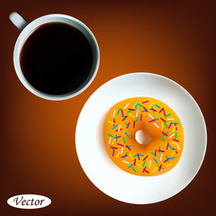 Cup of coffee with donut. Colorful vector drawing. Design for paper, baners, labels, logos and more.