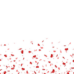 Fototapeta na wymiar Heart falling confetti isolated white background. Pink fall hearts. Valentine day decoration. Love element design, hearts-shape confetti invitation wedding card, romantic holiday. Vector illustration