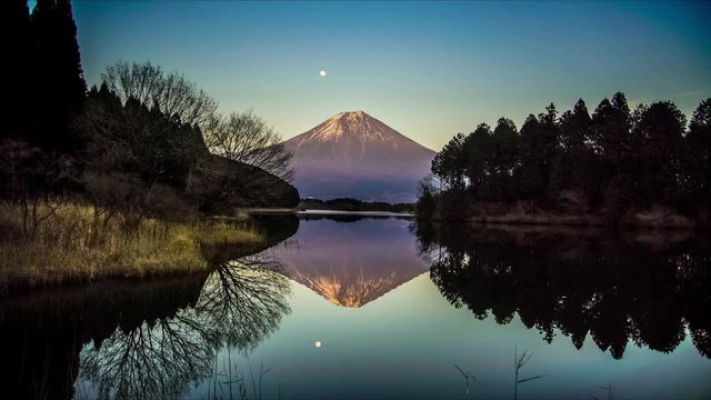 世界遺産・夕日の富士山と逆さ富士、田貫湖、タイムラプス動画、日本の自然と絶景