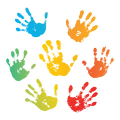 Hand rainbow print isolated on white background. Color child handprint. Creative paint hands prints. Happy childhood design. Artistic kids stamp, bright human fingers and palm. Vector illustration