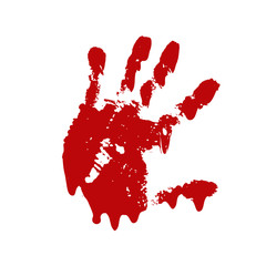 Bloody hand print isolated white background. Horror scary blood dirty handprint, fingerprint. Red palm, fingers, stain, splatter, streams. Symbol horror zombie, murder, violence. Vector illustration