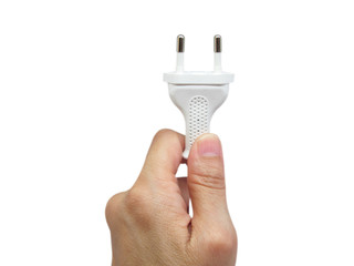 Women hand holding electric plug isolated on white background