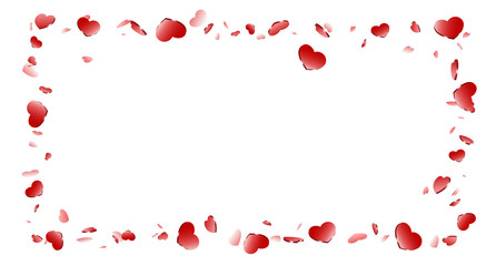 Heart frame isolated white background. Red hearts fall confetti border. Abstract heart-shape design love card, wedding romantic poster. Pattern greeting, Valentine day decoration. Vector illustration