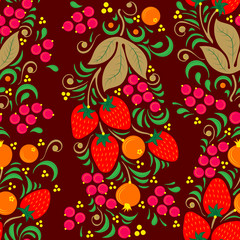 Seamless floral pattern in folk painting style, flowers, leaves and berries on dark Burgundy background