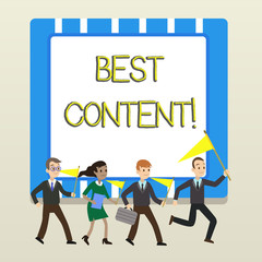 Word writing text Best Content. Business photo showcasing Information and experiences that are directed to the audience People Crowd Flags Pennants Headed by Leader Running Demonstration Meeting
