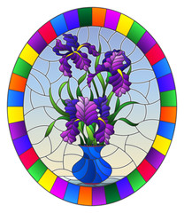 Illustration in stained glass style with floral still life,  bouquet of purple irises in a red  vase on a blue background,round image in bright frame