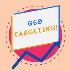 Text sign showing Geo Targeting. Business photo showcasing method of determining the geolocation of a website visitor Irregular edging arrow line on the bottom of parallelogram blank papers